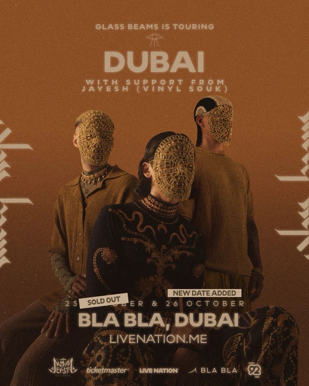 Poster: Glass Beams is touring Dubai, with support from Jayesh (Vinyl Souk). 25 October, sold out, and a new date added, 26 October. Bla Bla, Dubai.