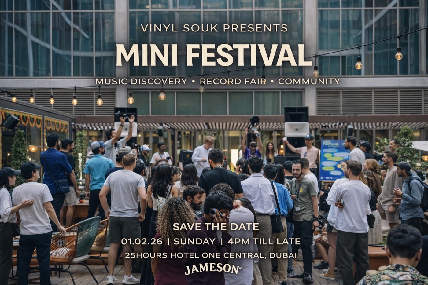 Save the date for Mini Festival, 01.02.26, over a photo of a crowd.