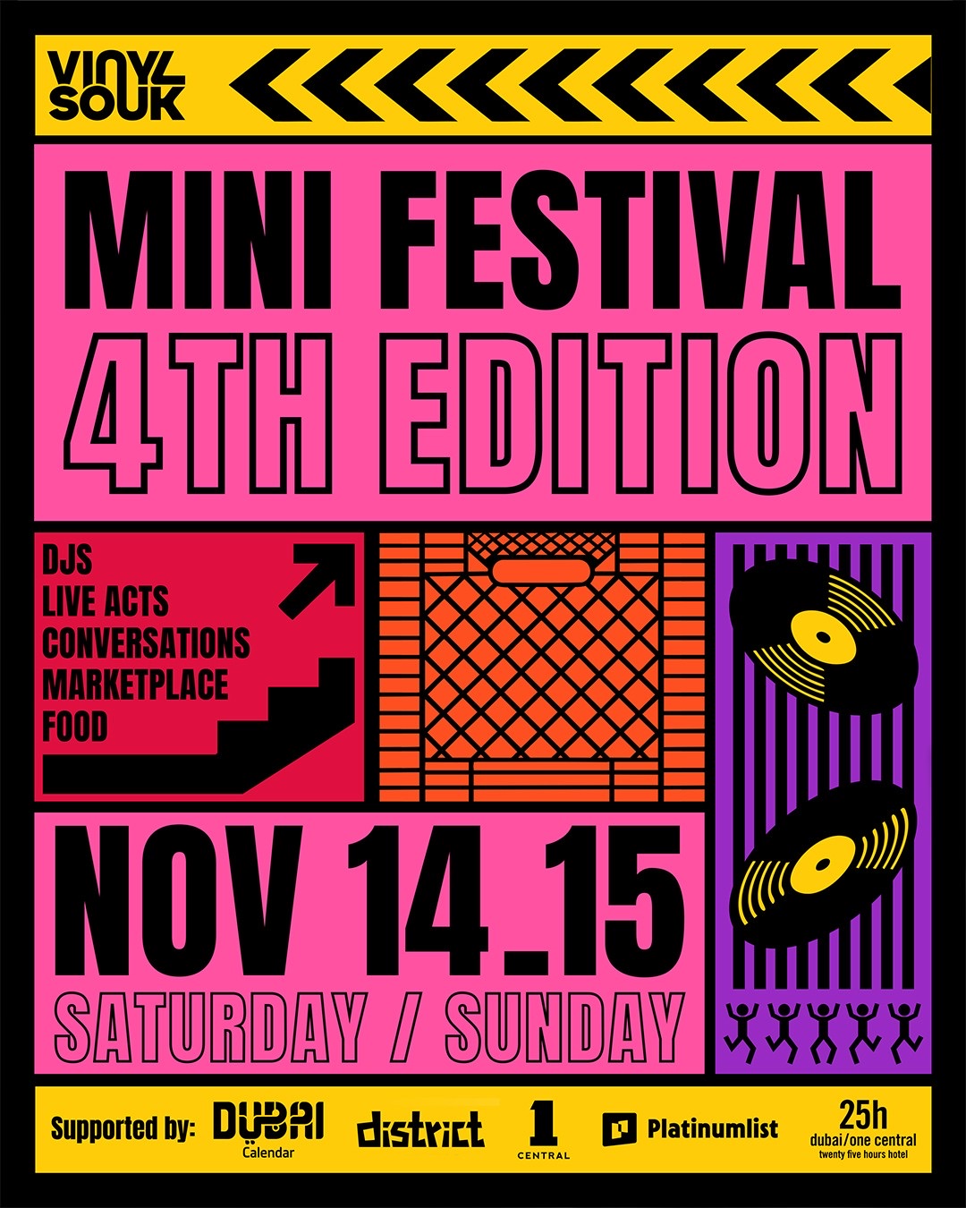 Key visual: Mini Festival, 4th edition, Nov 14 and 15, Saturday and Sunday. DJs, live acts, conversations, marketplace and food. Supported by Dubai Calendar, District by Zomato, One Central, Platinumlist and 25hours Hotel Dubai One Central.