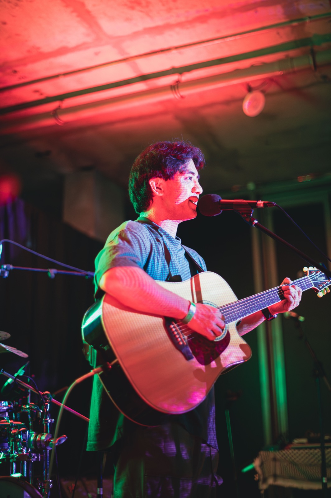A guitarist singing into a microphone under red and green stage light.