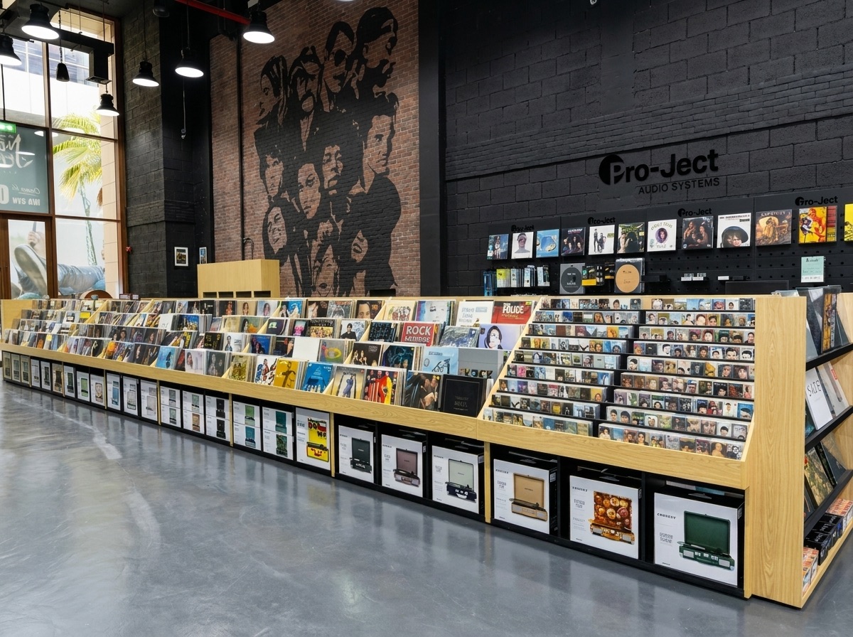 A record shop with long wooden racks of vinyl and CDs, in front of a mural of faces on a brick wall.